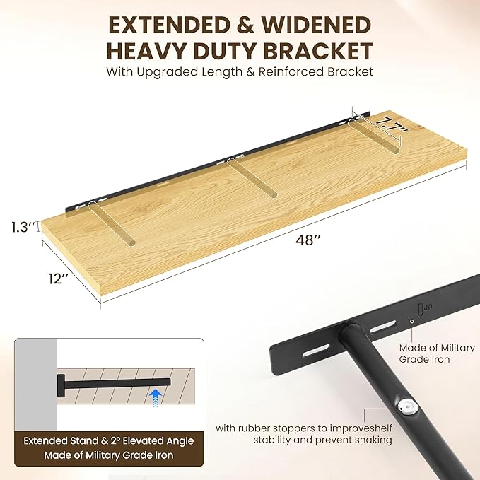 48" Floating Shelves for Wall, 12" Deep Slim Oak Floating Shelves, Wall-Mounted Shelves for Bedroom, Living Room, Kitchen, Bathroom - Set of 2-CasaMuseHome