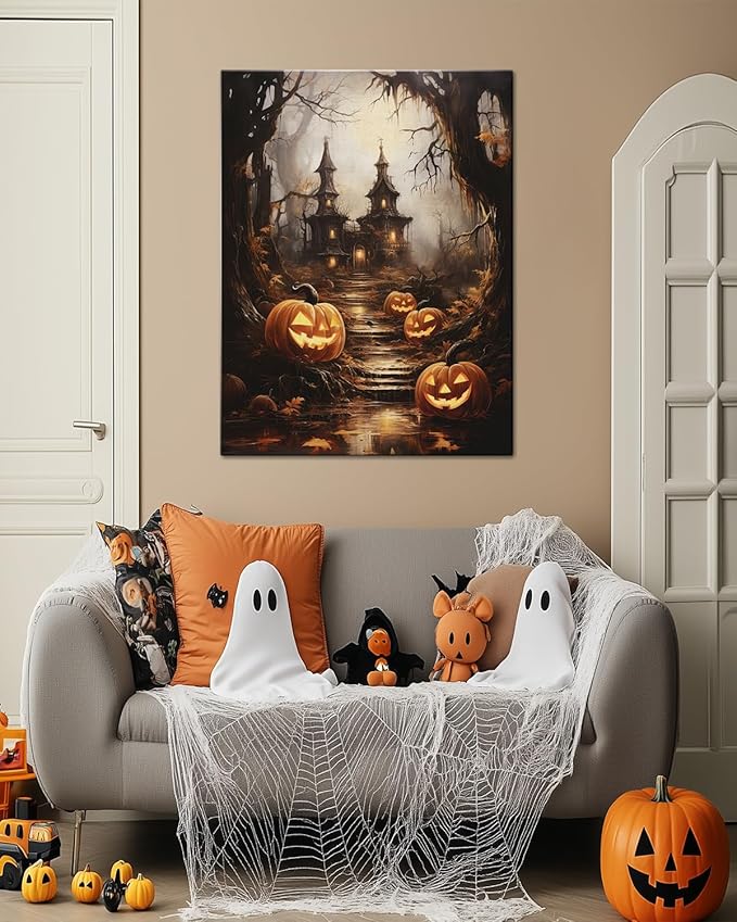 AbcCustomize Halloween Canvas Wall Art - Spooky Haunted House & Eerie Pumpkins Poster, Gothic Fall Decorations for Home, Vintage Halloween Decor Indoor for Living Room, Bedroom & Party-CasaMuseHome