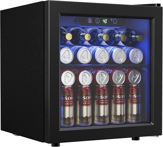 48 Can Beverage Refrigerator Cooler, Mini Fridge Glass Door with Adjustable Shelves, Freestanding Beverage Fridge with Blue LED for Home/Office/Dorm/Bar, 1.3 Cu.ft-CasaMuseHome