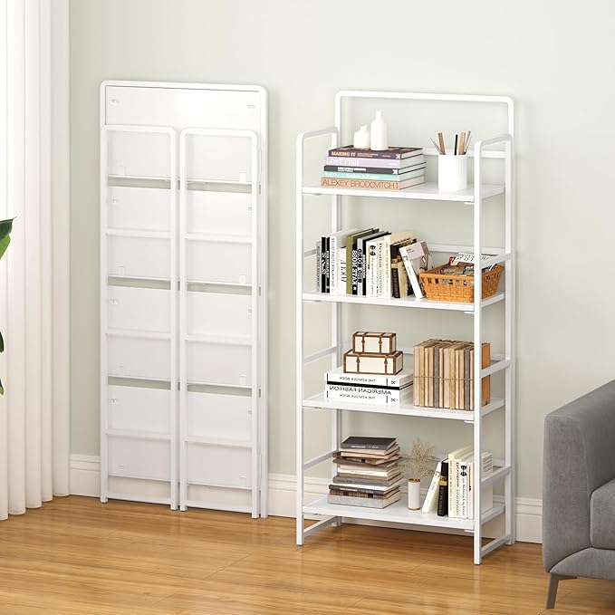 4NM No Assembly Foldable Bookshelf, 4-Shelf Collapsible Bookcase Storage for Small Spaces, 54" H, All White-CasaMuseHome