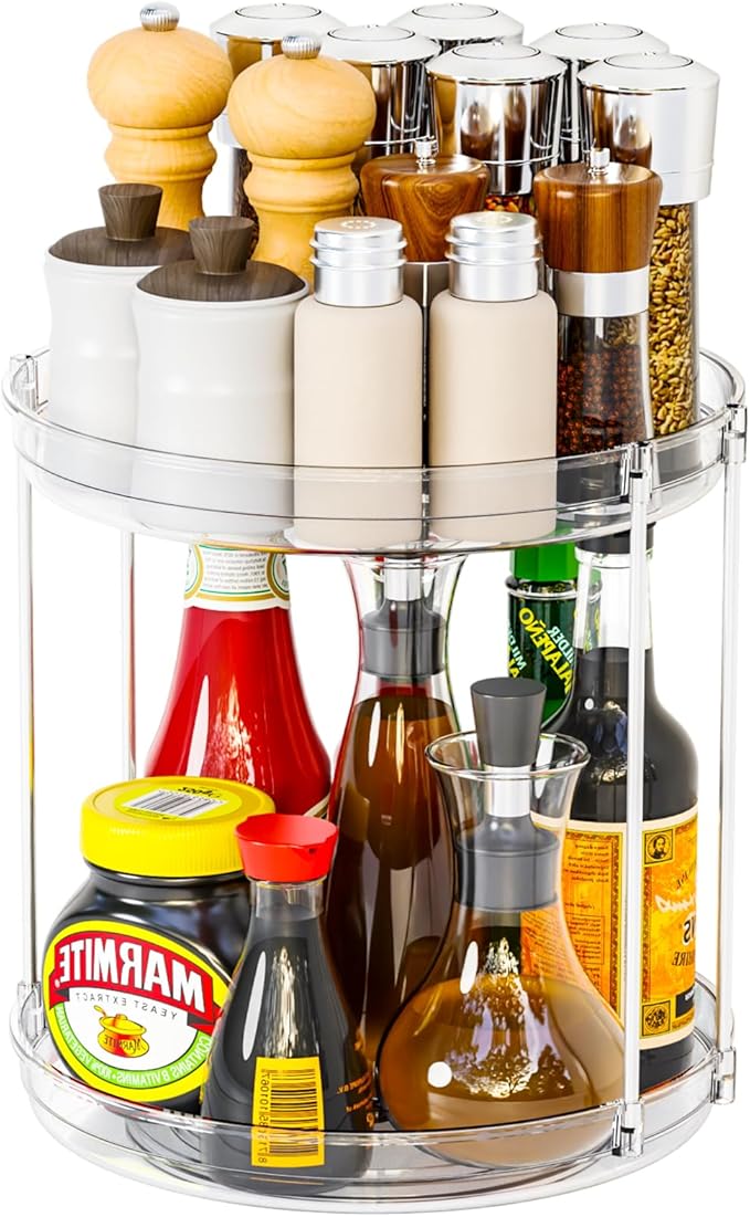 2 Tier Lazy Susan Turntable for Cabinet,Countertop,Pantry,9.5"W Spinning Seasoning Organizer,Double Rotating Kitchen Spice Rack Organizer and Condiments,Medicine,Vitamin Bottle Organizer Carousels,1Pc-CasaMuseHome