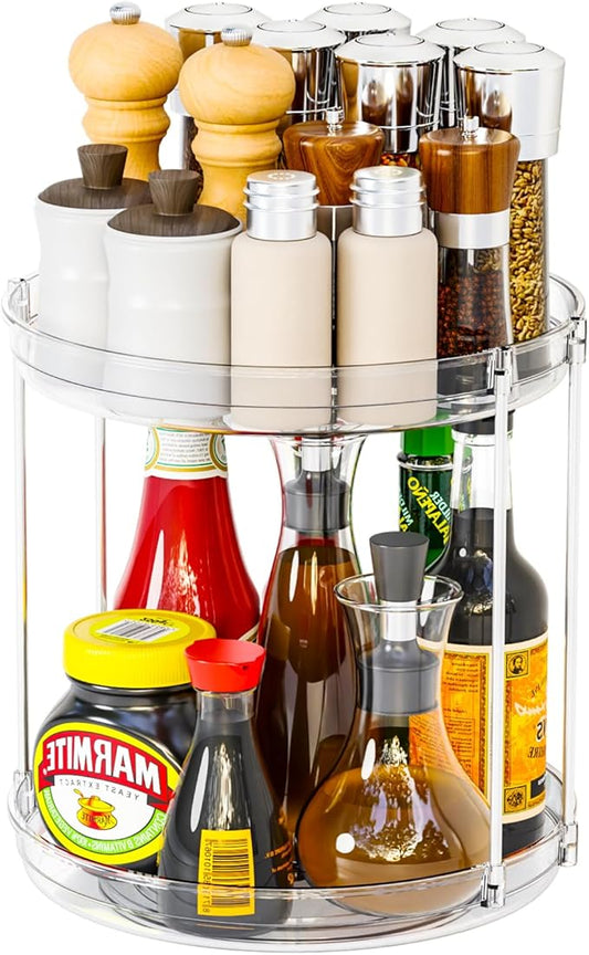 2 Tier Lazy Susan Turntable for Cabinet,Countertop,Pantry,9.5"W Spinning Seasoning Organizer,Double Rotating Kitchen Spice Rack Organizer and Condiments,Medicine,Vitamin Bottle Organizer Carousels,1Pc-CasaMuseHome