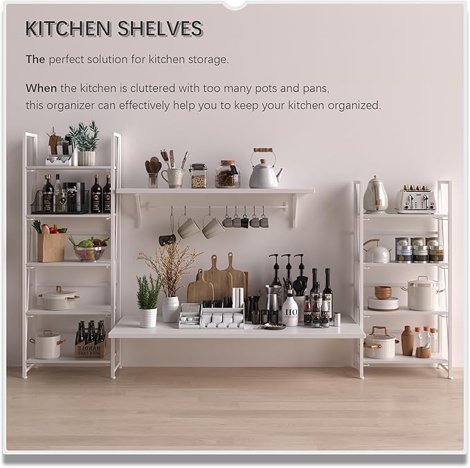 4NM No Assembly Foldable Bookshelf, 5-Shelf Collapsible Bookcase Storage for Small Spaces, 62.2" H, All White-CasaMuseHome