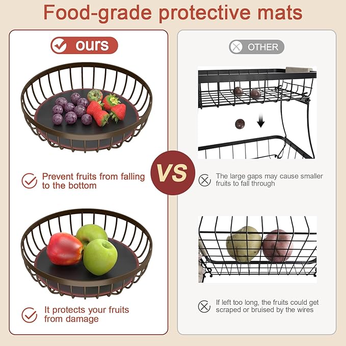 2 Tier Fruit Basket for Kitchen Counter with 2 Banana Hangers, Metal Stackable Fruit Bowl for Kitchen Counter for Bread Vegetable Fruits, Brown-CasaMuseHome