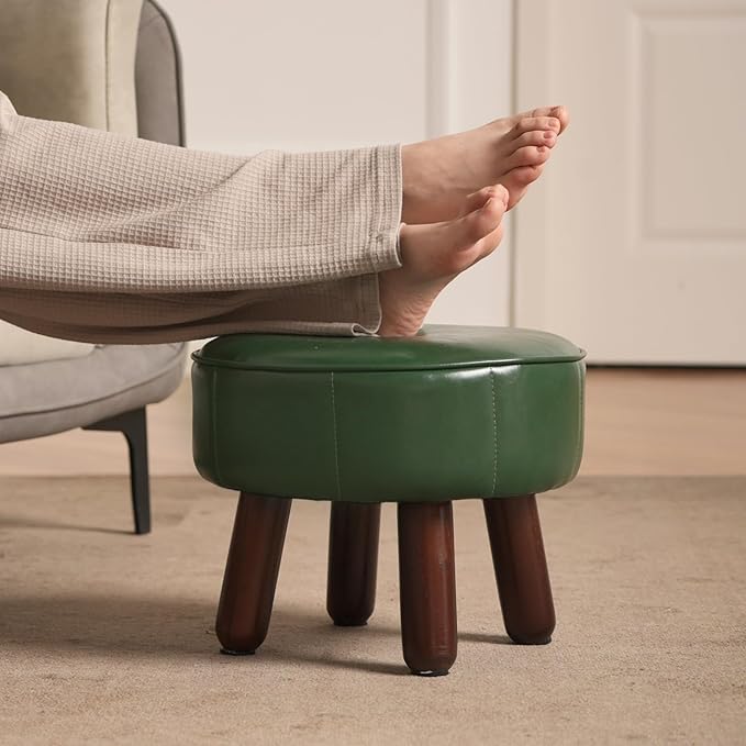 13in Small Foot Stool Ottoman, Round Faux Leather Foot Rest for Couch, Under Desk Pouf Footstool Footrest with Non-Skid Rubber Legs for Ling Room, Bedroom, 13''L x 13''W x 10.2''H, Green-CasaMuseHome