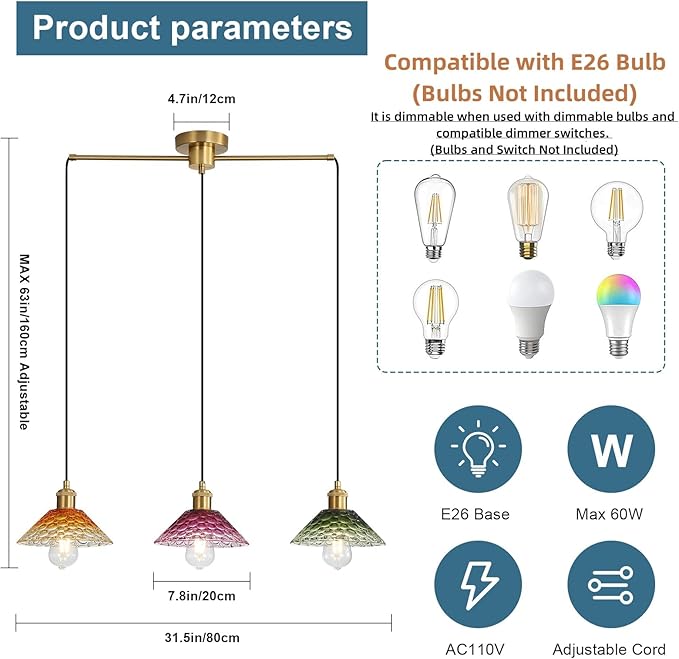 3-Light Pendant Lights Kitchen Island, Ceiling Hanging Lighting Fixtures, Colorful Vintage Glass Shade Pendants, Modern Gold Dining Room Chandeliers Height Adjustable for Farmhouse Living Room-CasaMuseHome