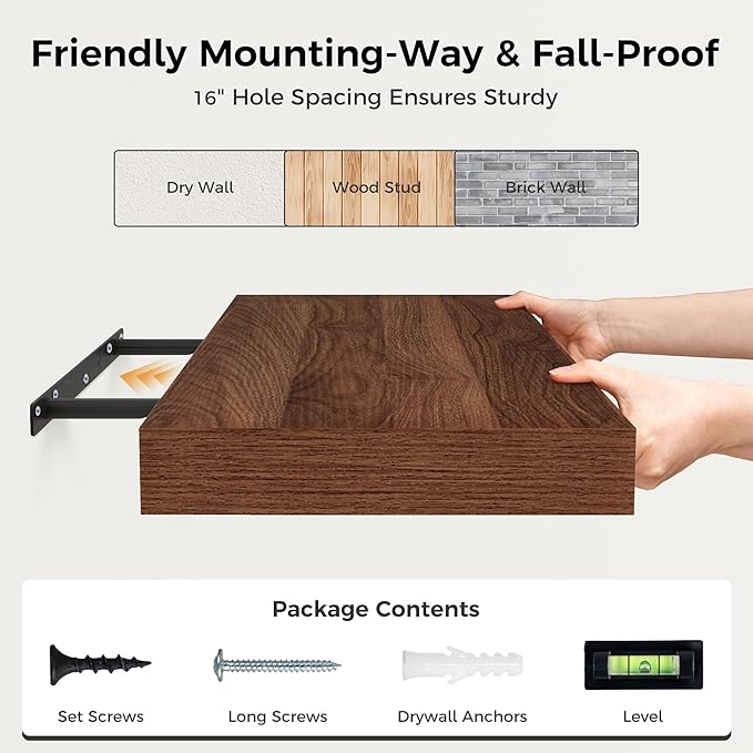 12 Inch Deep Floating Shelves, 24 x 12 Floating Shelf for Books, Rustic Wood Deep Wall Shelves for Home Storage & Display, 2" Thicked Shelves for Kitchen, Living Room, Bedroom, Walnut Color, 1 Pack-CasaMuseHome