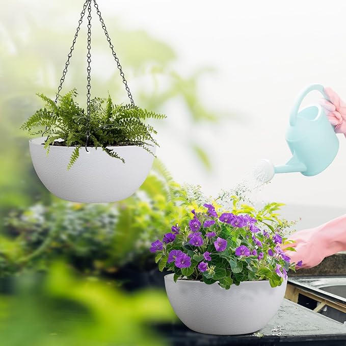 13 inch Large Hanging Planters Plant Pots for Outdoor Indoor Plants with Drainage Holes and Chain, 2 Pack Round Hanging Flower Pots for Garden Home Porch Decor, White-CasaMuseHome