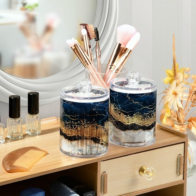 2 Pack Qtip Holder Dispenser Navy Blue Marble Bathroom Storage Canister Lid Acrylic Plastic Apothecary Jar Set Vanity Makeup Organizer for Cotton Swabs/Pads/Floss-CasaMuseHome