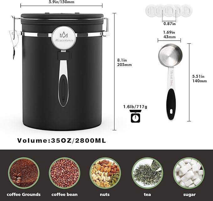 35OZ Coffee Canister for ground coffee with Date Tracker,One Way Co2 Valve 304 Stainless Steel Kitchen Food Airtight storage container for Coffee Beans or Grounds, Sugar Black-CasaMuseHome