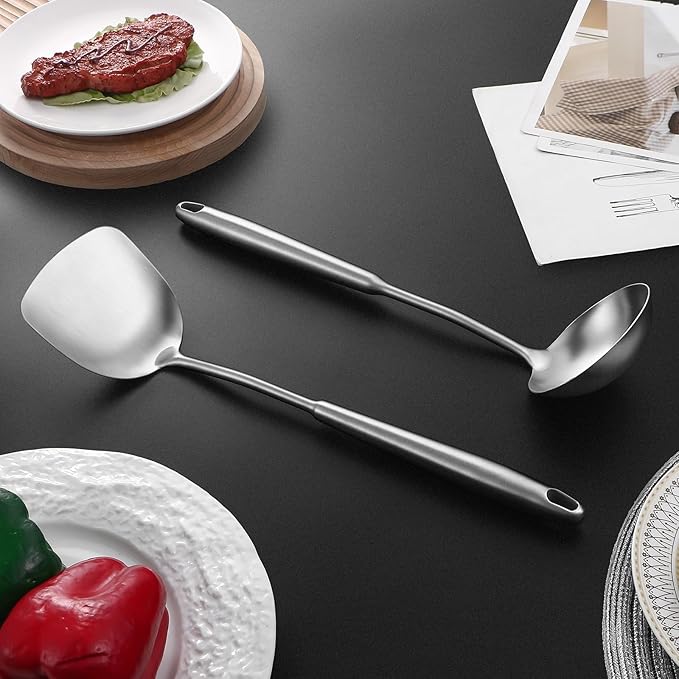 14-15" Wok Spatula and Ladle,2 PCS Wok Tools Set,304 Stainlss Steel Cooking Utensils,Matte Wok Accessories,Solid Wok Utensils-CasaMuseHome