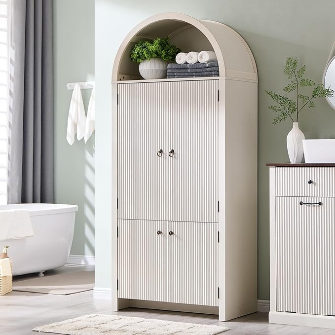 71" Tall Arched Bathroom Storage Cabinet, Modern Fluted Storage Cabinet w/Doors, 3 Adjustable Shelves, 6 Door Shelves, Wood Freestanding Cabinet for Bathroom, Entryway, Hallway, Antique White-CasaMuseHome
