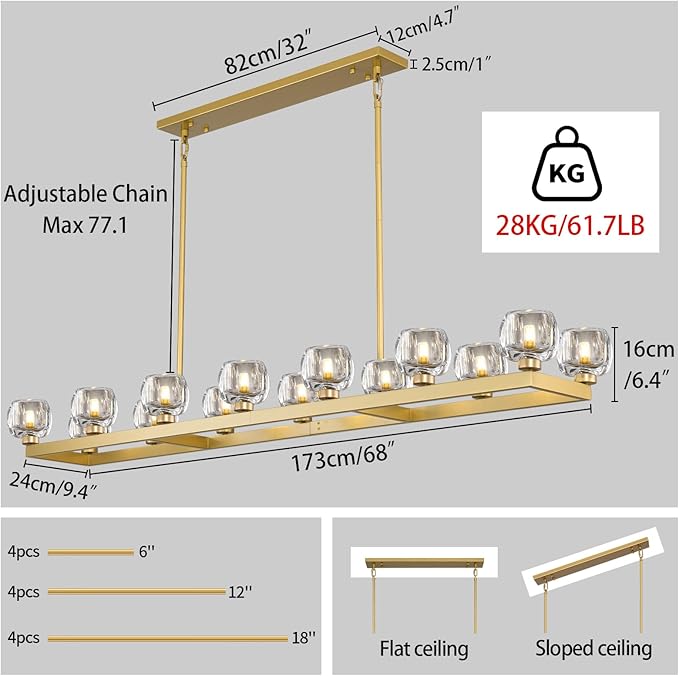 72 Inch Brass Rectangle Wagon Wheel Chandeliers, Gold Chandelier for Dining Room Over Table, Modern Crystal Long Chandelier for High Ceiling, Farmhouse Large Linear Chandeliers for Kitchen Island-CasaMuseHome