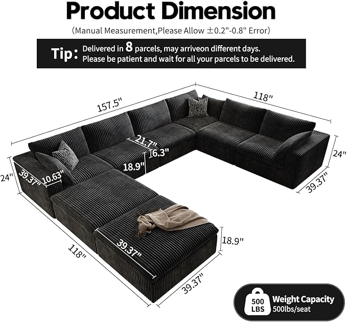 157.5" Cloud Couch Oversized Modular Sectional Sofa for Living Room,Modern Sofa with Deep Seat，8 Seater Boneless Couch with 2 Ottoman,Comfy Upholstered Couches for Apartment, Studio, Office,Black-CasaMuseHome