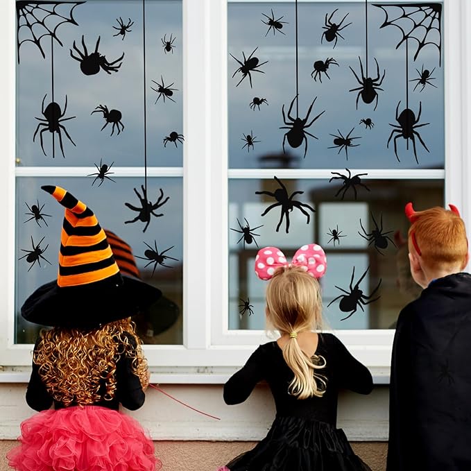 4 Sheets Spider Window Clings - Double-Sided Removable Glass Decals, Halloween Themed Window Stickers for Kids Party Decorations-CasaMuseHome