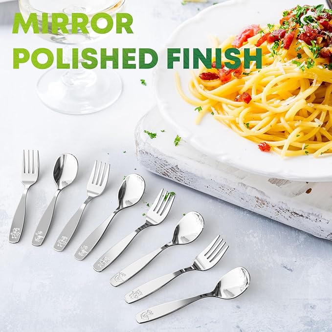 8 Pieces Toddler Utensils, Kids Stainless Steel Silverware Set - 4pcs Forks and 4pcs Spoon, Cute Children Flatware Sets with Mirror Polished, Self Feeding Safe, Dishwasher Safe-CasaMuseHome