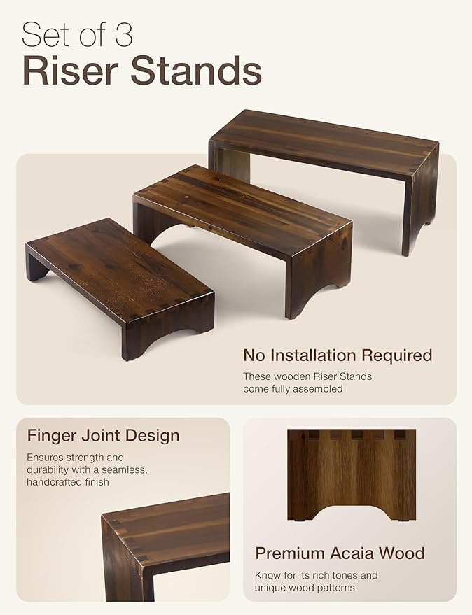 Acacia Wooden 3 Tier Cupcake Stand - Risers for Display for Food Buffet Risers and Stands – Food Stands for Display Party – Acacia Wooden Cupcake Stand - Set of 3 Size (Walnut Color)-CasaMuseHome