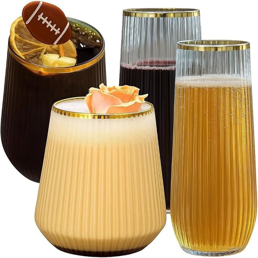 24 Pack Ribbed Origami Ripple Plastic Glasses, 12-9 Ounce Stemless Champagne Flutes & 12-12 Ounce Cups, BPA-Free Disposable Shatterproof Toasting Glasses for Weddings, Bars, and Events (Gold Rim)-CasaMuseHome