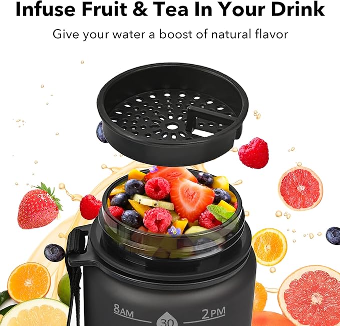 32oz Motivational Water Bottles with Time Marker & Fruit Strainer, Transparent Gradient Color Water Bottle with Times to Drink, Leakproof & BPA Free, Reusable Bottle with Strap (No Straw)-CasaMuseHome