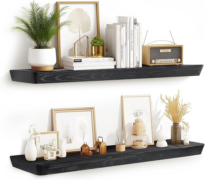 36"x6.8"x1.6" Slanted Floating Wall Shelves 2-Pack - Rustic Black Finish, Heavy-Duty Solid Wood Design with Hidden Brackets - Perfect for Living Room, Kitchen, Bathroom, or Office-CasaMuseHome