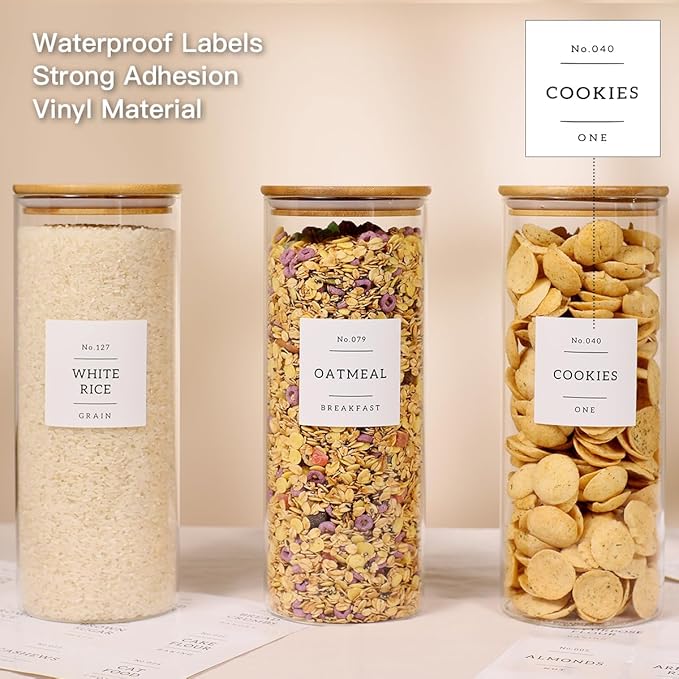 3 Pack Glass Jar with Airtight Bamboo Lid and White 132 Kichen Pantry Labels Preprinted - 56 Oz Clear Tall Glass Food Storage Containers set For Pasta Flour Cookie Rice-CasaMuseHome