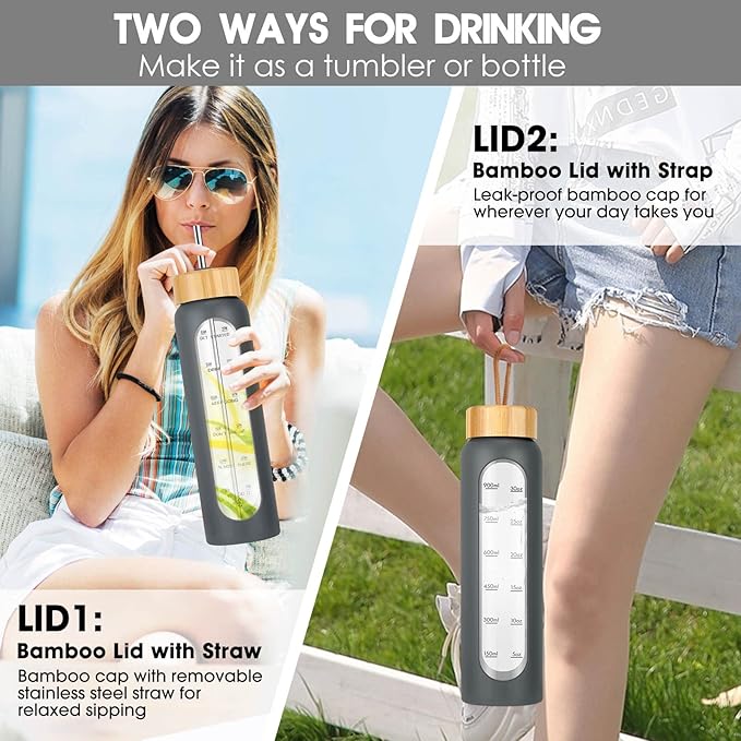 32 oz Glass Water Bottle with Straw - Motivational Time Marker & Silicone Sleeve - Reusable Tumbler Includes 2 Bamboo Lids & Fruit Infuser - 1 Pack-CasaMuseHome