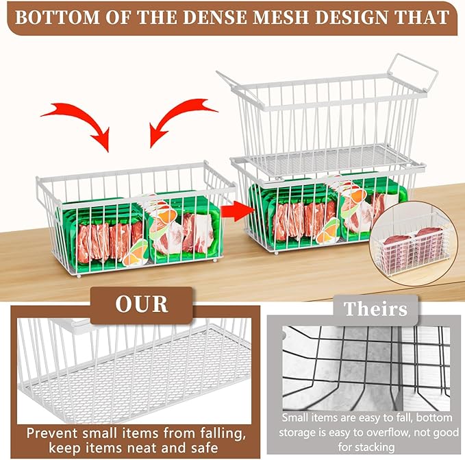 6 Pack Stackable Deep Freezer Organizer Bins ，Upgraded Bottom Leak-Proof net，Encryption and Hardening ， Freezer Organizer Bins for 5 to 9 Cu.FT Small Chest Freezer， Easy Get Bottom Foods-CasaMuseHome