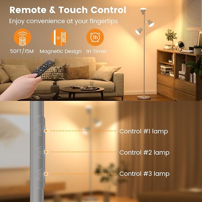 36W LED Tree Floor Lamp, Dimmable Tall Standing Lamp with Remote & Touch Control, 4 Color Temperatures Bright Floor Lamp, 3 Rotatable Light Modern Floor Lamps (Silver Gray)-CasaMuseHome