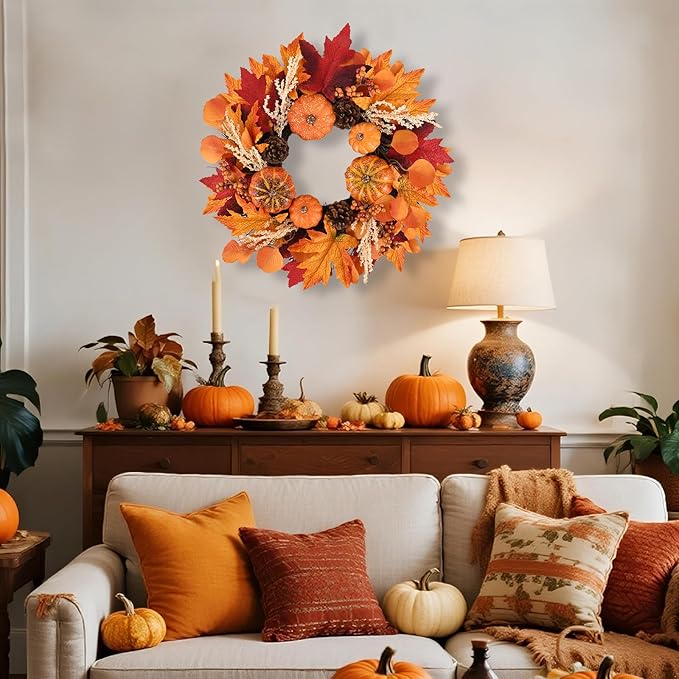 20 Inch Thanksgiving Fall Wreath, Berries Pumpkins Maple Leaves Pine Cones Autumn Wreaths with Hook for Front Door, Fall Decor, Porch Wall Home Outdoor Holiday Decorations Wreath for Autumn-CasaMuseHome