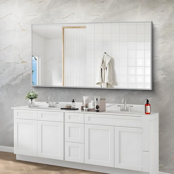 30x55In Silver Bathroom Mirror for Wall, Brushed Nickel Rectangle Mirrors with Metal Frame, Bathroom Rectangular Mirror Modern Wall Mirror for Bedroom Living Room, Hangs Horizontal or Vertical-CasaMuseHome