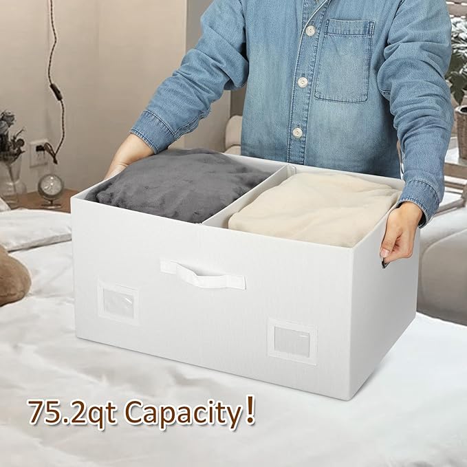 75 Quarts Extra Large Decorative Storage Bins with Lids, 1 Pack White Collapsible Storage Bins with Lids, Stackable Storage Bins Decorative Box Storage With Lid Extra Large-CasaMuseHome