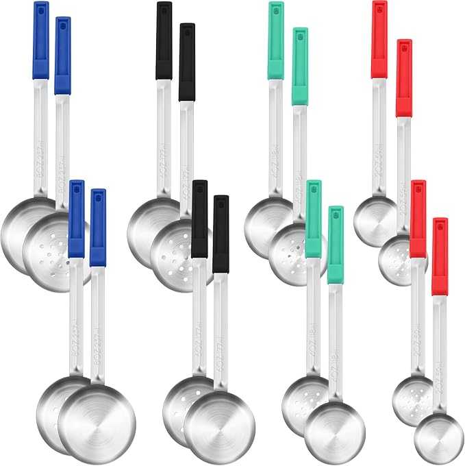 16 Pcs Portion Control Serving Spoons, Restaurant Measuring Serving Ladle Utensils, Portion Control Slotted Scoops for Weight Loss, Solid and Perforated Scoops(4 Colors,4 Sizes)-CasaMuseHome