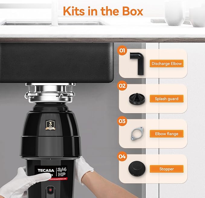 3/4 HP Garbage Disposal, TECASA Food Garbage Disposal with Power Cord, Stainless Steel Grinding System and 3-Bolt Mounting, Continuous Feed Garbage Disposals, Quiet, Taskmaid Series 75-CasaMuseHome