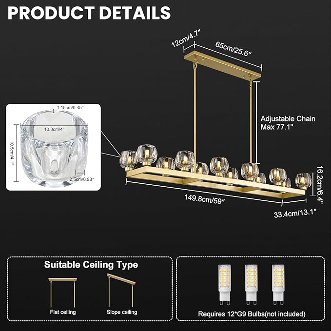 59 Inch Brass Rectangle Wagon Wheel Chandeliers, Gold Chandelier for Dining Room Over Table, Modern Crystal Long Chandelier, Farmhouse Large Linear Chandeliers for Kitchen Island-CasaMuseHome