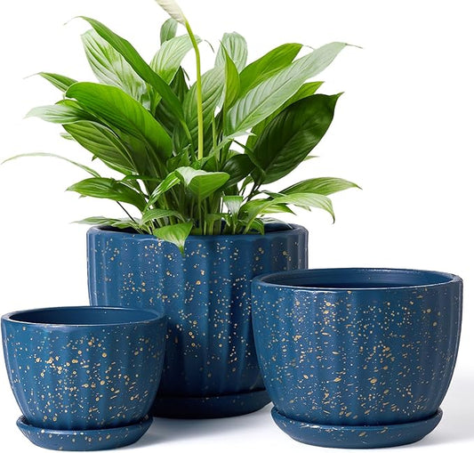 4/5/6 Inches Ceramic Plant Pots with Drainage Holes and Saucers, Round Flower Pots for Indoor Plant, Modern Flower Planters Set of 3 (Blue with Dot-Big Size)-CasaMuseHome