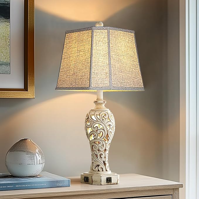 25'' Farmhouse Table Lamp for Living Room Bedroom, 2 USB Ports Vintage Rustic Nightstand Desk Lamp with Nightlight, White Hollow Out Resin Lamp for End Table (Bulb Included)-CasaMuseHome
