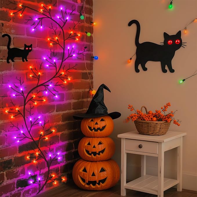 7 Ft Halloween Decorations Willow Vine Twig Garland with 8 Modes Timer 63 LED Orange Purple Lights, Halloween Garland with Waterproof Battery Operated for Wall Fireplace Decorations Indoor Outdoor-CasaMuseHome