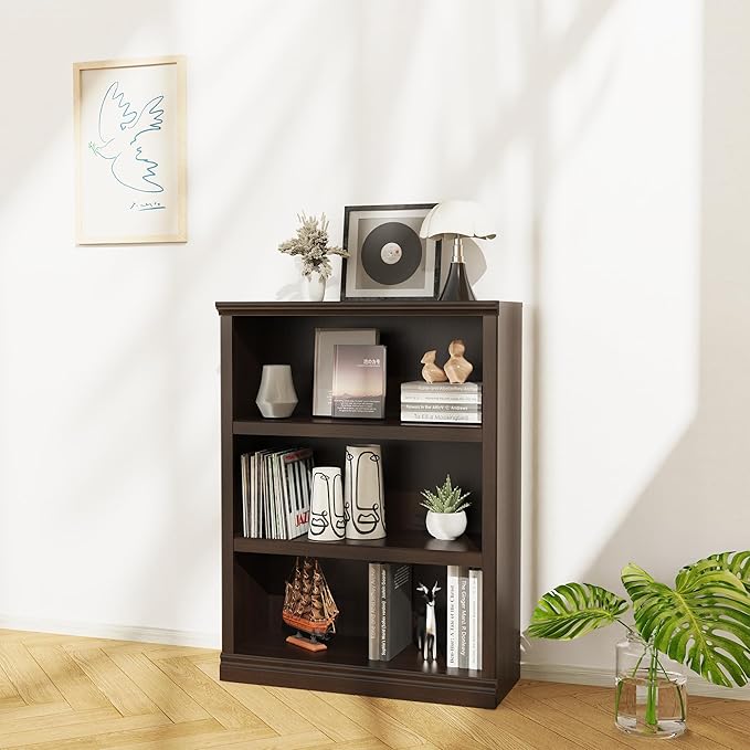 43 in Tall Bookcase, 3-Tier Bookshelf Open Storage, 33 inch Wide Floor Standing Indoor Furniture, Book Cases for Home School Library Office Bedroom Kids, Dark Cherry 3 Tiers-CasaMuseHome