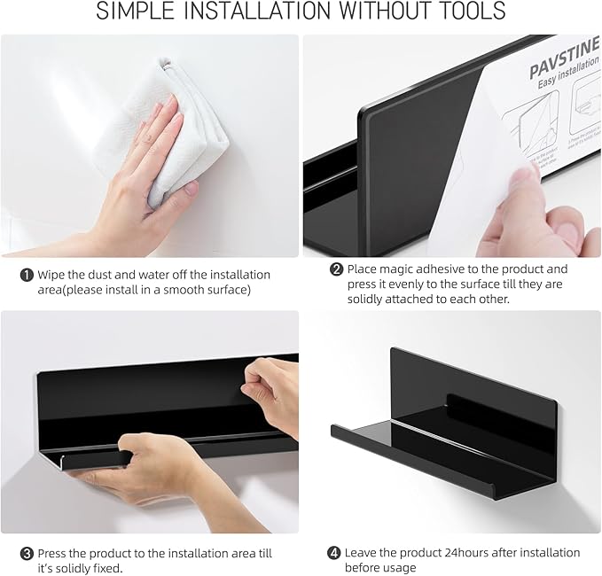 Acrylic Floating Shelves for Wall No Drilling, Self Adhesive Space-Saving Shelves, 12 Inch Floating Shelf Stick on Wall Shelf, for Bathroom, Kitchen, Bedroom, Office, Gaming Room, Black-CasaMuseHome