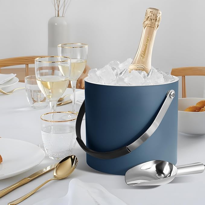 3L Ice Bucket with Silicone Lid, Scoop, Tongs & Strainer, Stainless Steel Double Wall Insulated Ice Buckets for Parties & Cocktail Bar, Outdoor Champagne Ice Container Bin, Navy-CasaMuseHome