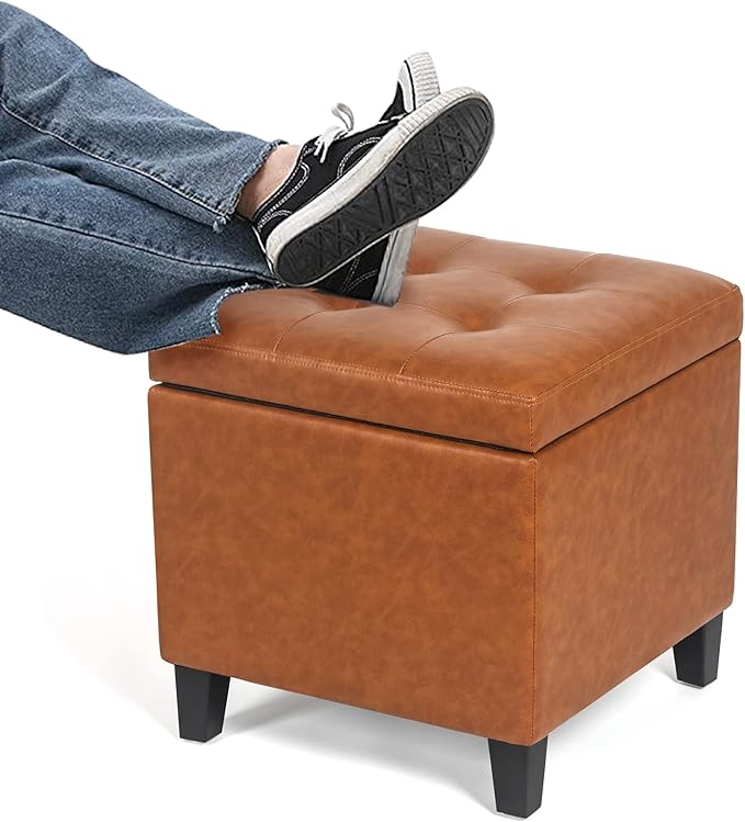 Adeco 17.7" Leather Cube Storage Orange Ottomans for Living Room-CasaMuseHome
