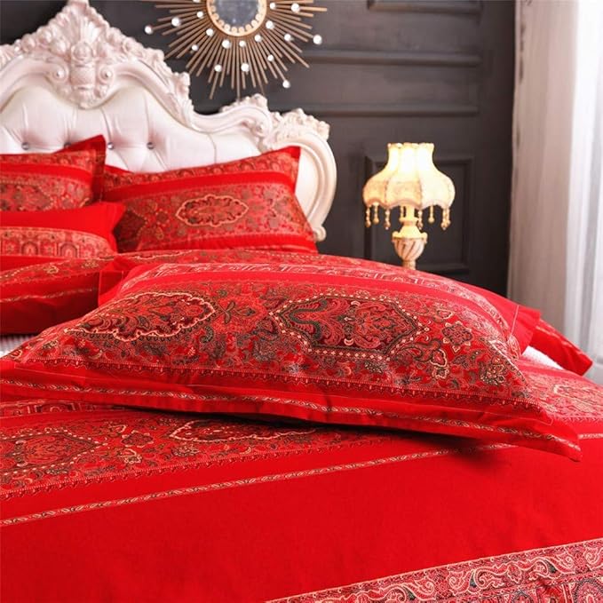 ABREEZE Twin Duvet Covers, Bohemian Retro Bedding Set, Coloful Mandala Down Comforter Cover, Boho Floral Style Quilt Cover, 100% Brushed Cotton, 1 Duvet Cover and 2 Pillow Shams,Red-CasaMuseHome