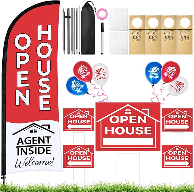 44 Pcs Open House Signs for Real Estate Agent Supplies, Double Sided Open House Flag with Poles Kit, 7.6 x 5.4 Ft Red Opening Sign Banner Set, 5 Pack Yard Signs with Metal Stakes 30 Balloons-CasaMuseHome