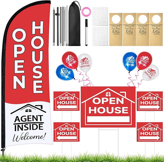 44 Pcs Open House Signs for Real Estate Agent Supplies, Double Sided Open House Flag with Poles Kit, 7.6 x 5.4 Ft Red Opening Sign Banner Set, 5 Pack Yard Signs with Metal Stakes 30 Balloons-CasaMuseHome