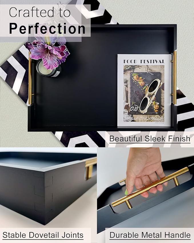 22 Inch Rectangle Black Ottoman Tray with Gold Metal Handles, Extra Large Wooden Serving Tray for Living Room, Coffee Table, Kitchen & Hosting-CasaMuseHome