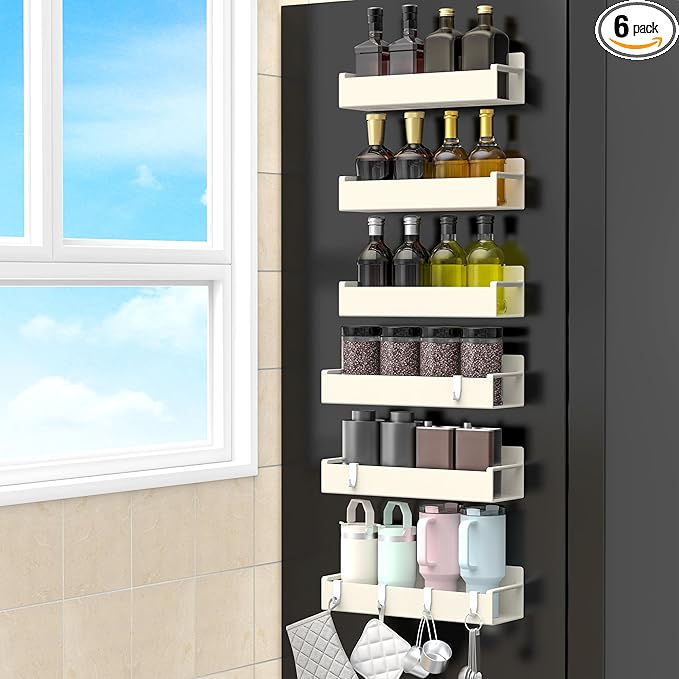 6 Pack Magnetic Spice Rack Organizer for Refrigerator and Oven, Cream White Fridge Organizers and Storage for Kitchen-CasaMuseHome