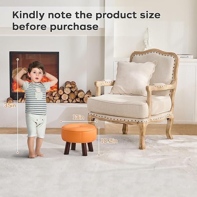 13in Small Foot Stool Ottoman, Round Faux Leather Foot Rest for Couch, Under Desk Pouf Footstool Footrest with Non-Skid Rubber Legs for Ling Room, Bedroom, 13''L x 13''W x 10.2''H, Orange-CasaMuseHome