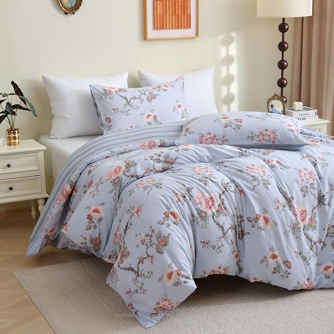 ABREEZE Floral Duvet Cover King Size Set Bird Flowers Bedding Set 100% Brushed Cotton Bedding Collection 1 Duvet Cover with 2 Pillowcases Grey-CasaMuseHome