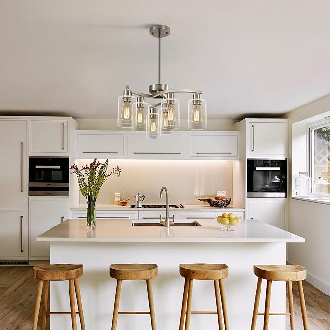 6-Light Brushed Nickel Chandeliers for Dining Room Light Fixtures Over Table, Adjustable Height Hanging Industrial Pendant Lighting for Kitchen Island Bedroom, Clear Glass Shade-CasaMuseHome