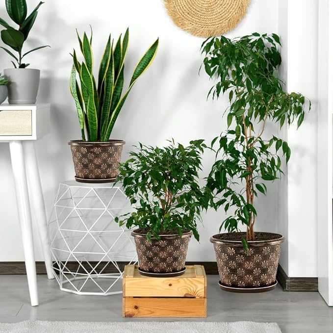 16 Inch Planter Pots for Plants, Plastic Large Flower Pots Indoor Outdoor, 4 Pack Resin Plant Pot with Drainage & Saucer, Retro Decorative Garden Pot with Removable Trays for House-CasaMuseHome